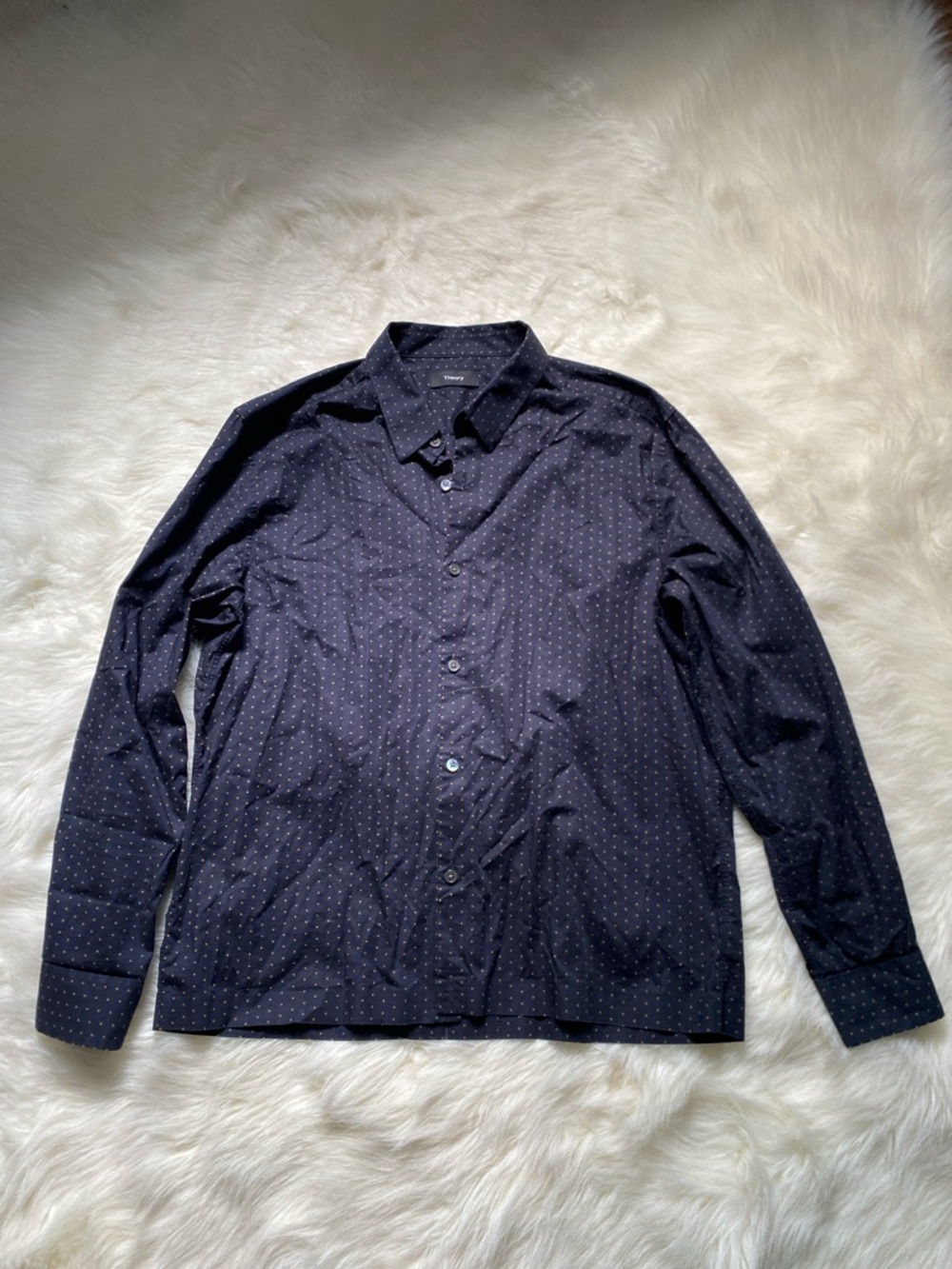 Theory Navy Shirt with Tan Polka Dots